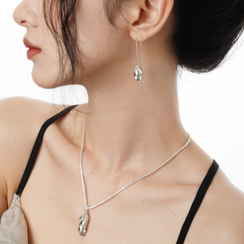 Fothere Girls Fashion S925 Pine and Cypress Earring, Pendant Necklace Sterling Silver Long Earrings for Women Fashionable and Fruitful Pendant Necklace