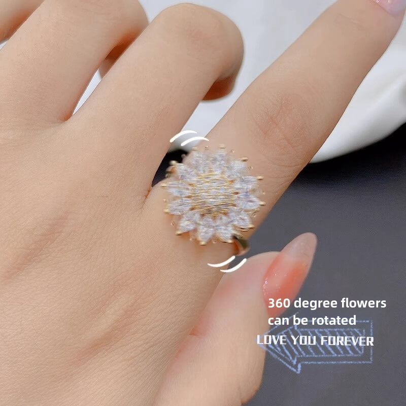 Fothere Girls Fashion Spin Ring Turn Luck Open Ring Color preserving Zircon Ring will Spin circle flower Ring womens birthday gifts for Valentine's Day
