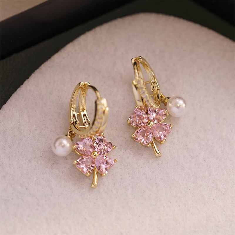 Fothere Girls Fashion Zircon earring four-leaf flower pearl ear buckle thickened 14K gold electroplated earrings new earrings womens birthday gifts