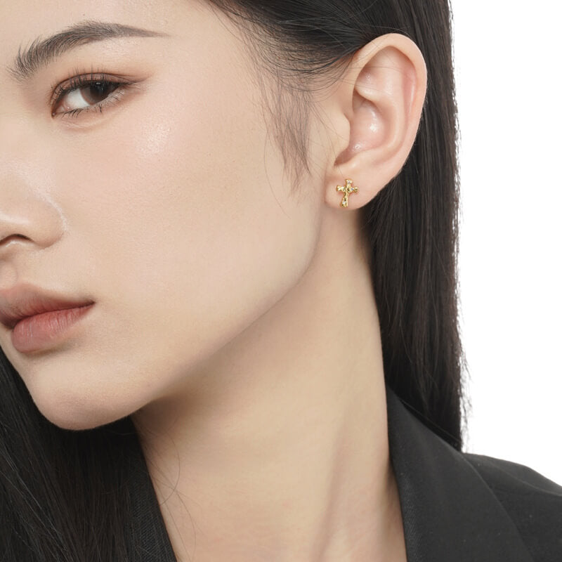 Fothere Girls Fashion S925 Cross Stud Earrings Sterling Silver Earrings Zircon Micro-inlay Earrings