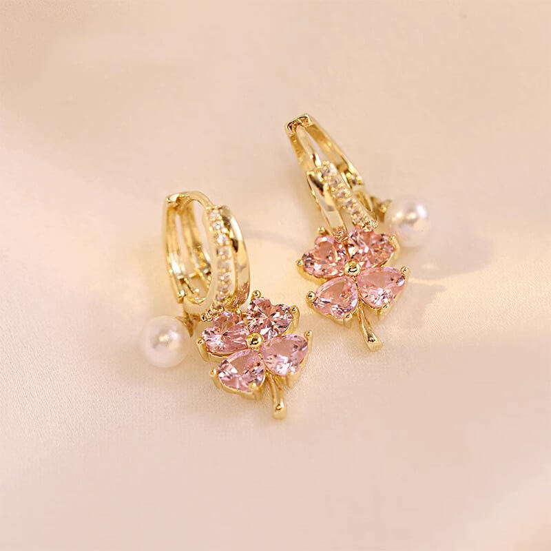 Fothere Girls Fashion Zircon earring four-leaf flower pearl ear buckle thickened 14K gold electroplated earrings new earrings womens birthday gifts