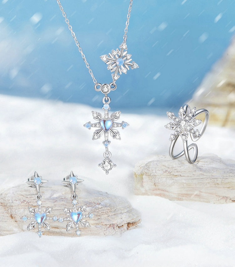 Fothere Girls Fashion Christmas Original Moonstone Snowflake S925 Earrings Necklace Jewelry Set Romantic Winter 925 Sterling Silver Ring Jewelry