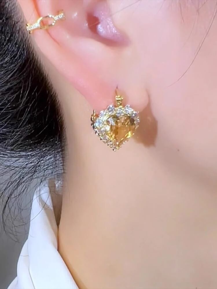 Fothere Girls Fashion love heart earring Simple zircon fashion accessories yellow earrings for women