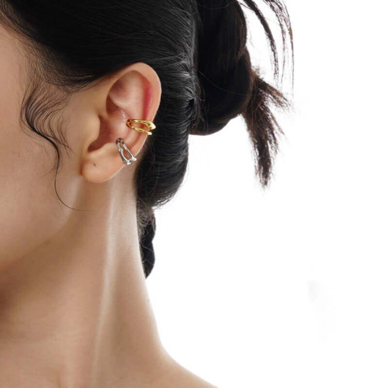 Fothere Girls Fashion S925 Double-layer Hollow Ear clip Sterling Silver Non-pierced Ear Clip irregular texture Earring
