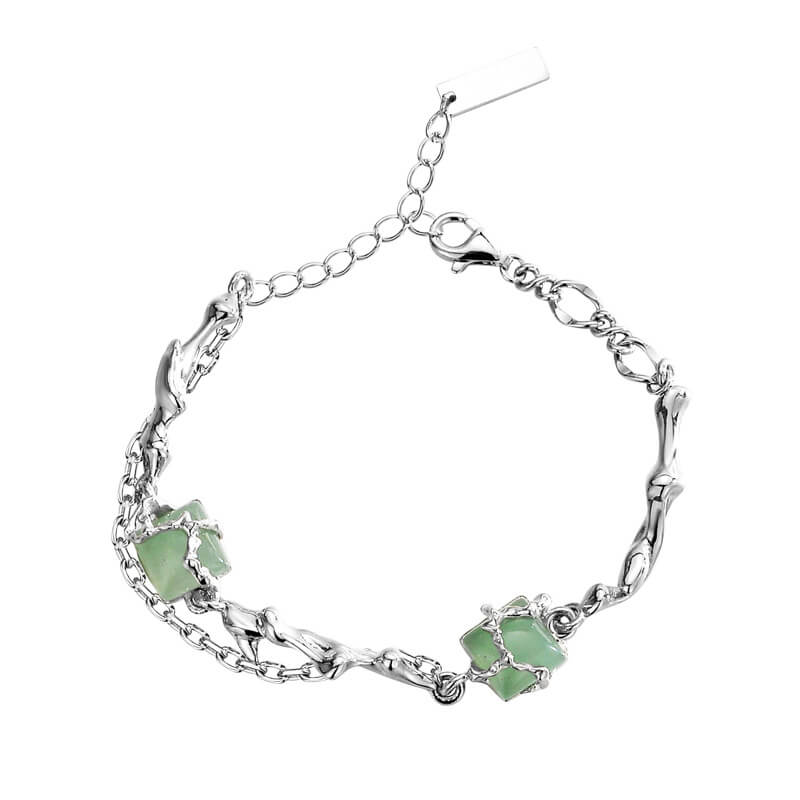 Fothere Girls Fashion S925 Square Pearl Green Aventurine Earrings,Pendant Necklace,Bracelet Bamboo Drag Series Sterling Silver Women's Fashion Jewelry Set