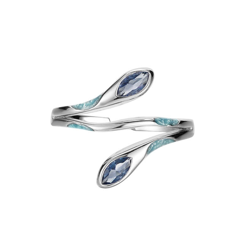 Fothere Girls Fashion Open Ring S925 Ice Blue Drop Glaze Snake Ring Sterling Silver Ring Damaged Texture Ring