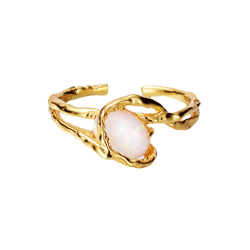 Fothere Girls Fashion S925 Opal Stone Ring Sterling Silver Open Ring Hand Wrapped Ring