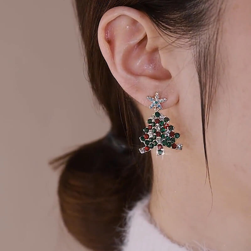 Fothere Girls Fashion Christmas tree Tassel stud earring hollowed-out long Christmas accessory Star earrings for women