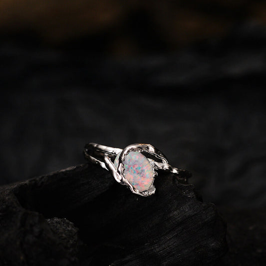 Fothere Girls Fashion S925 Opal Stone Ring Sterling Silver Open Ring Hand Wrapped Ring