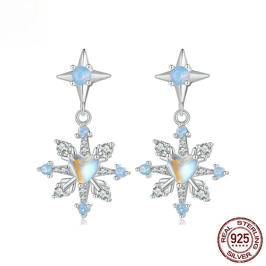 Fothere Girls Fashion Christmas Original Moonstone Snowflake S925 Earrings Necklace Jewelry Set Romantic Winter 925 Sterling Silver Ring Jewelry
